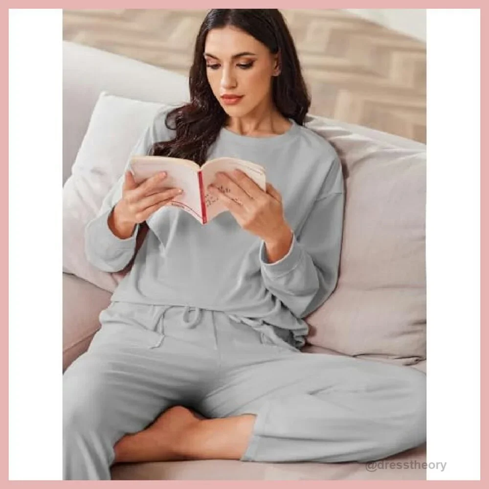 Women's Micro Fleece Lounge Set Long Sleeve Top Wide Leg Pants - Picture 6 of 8